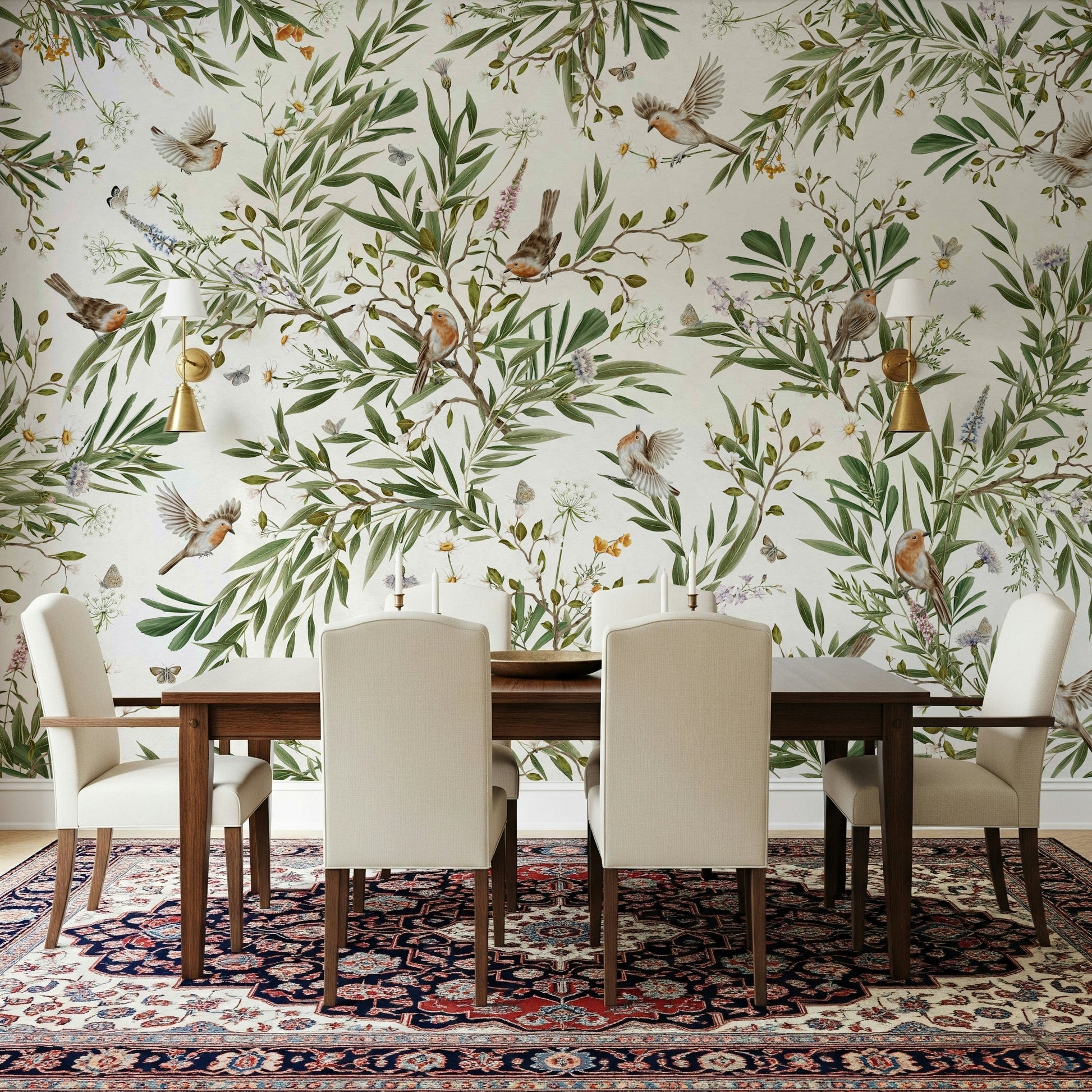 Exotic birds and flowers on the Botanical Aviary Wall Mural.