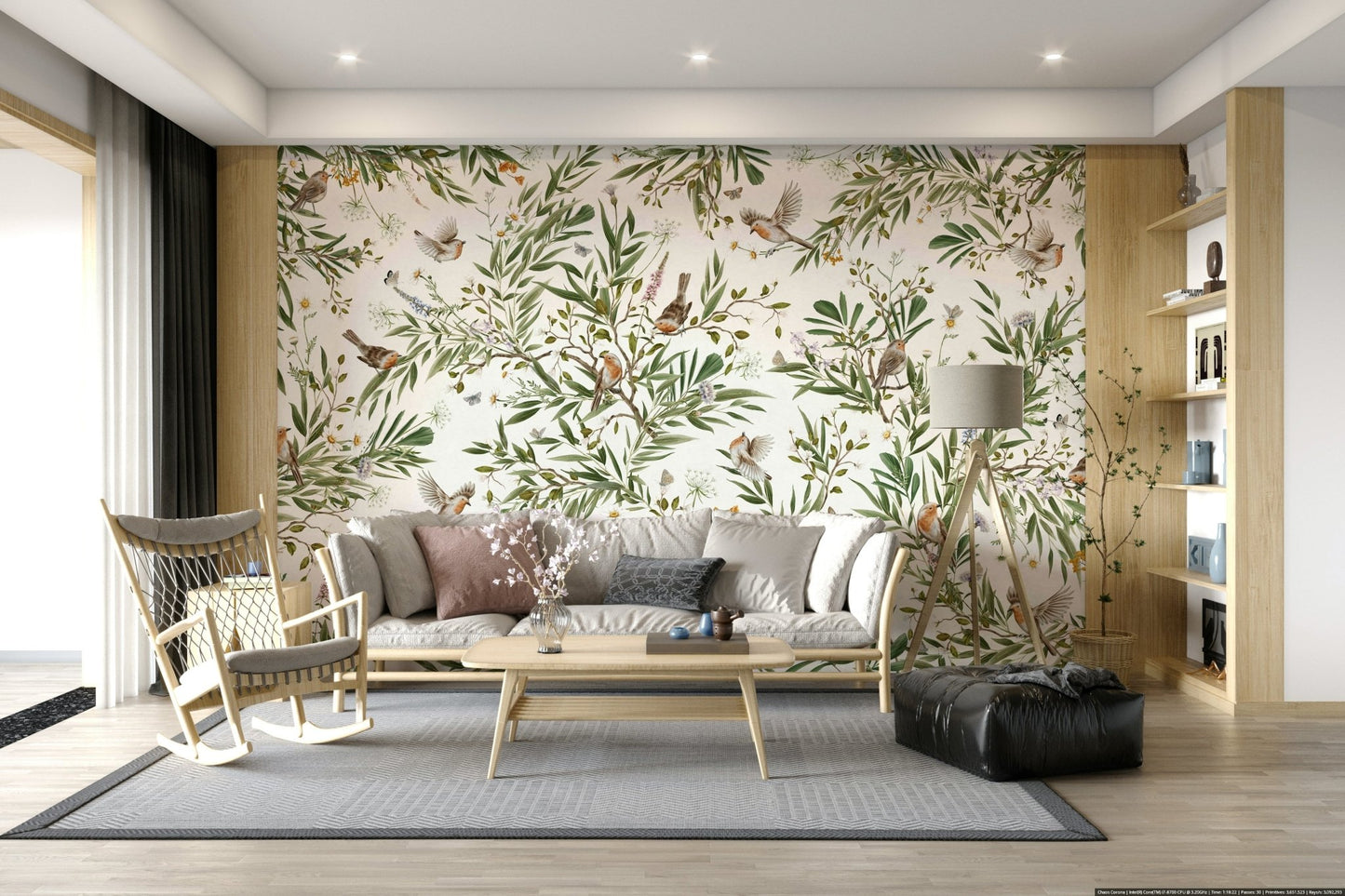 Peel and stick wallpaper called Botanical Aviary Wall Mural design.