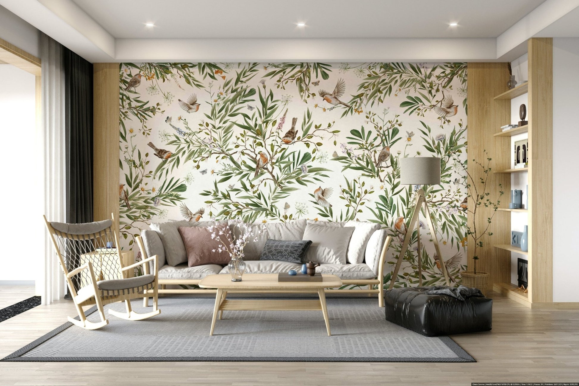 Peel and stick wallpaper called Botanical Aviary Wall Mural design.