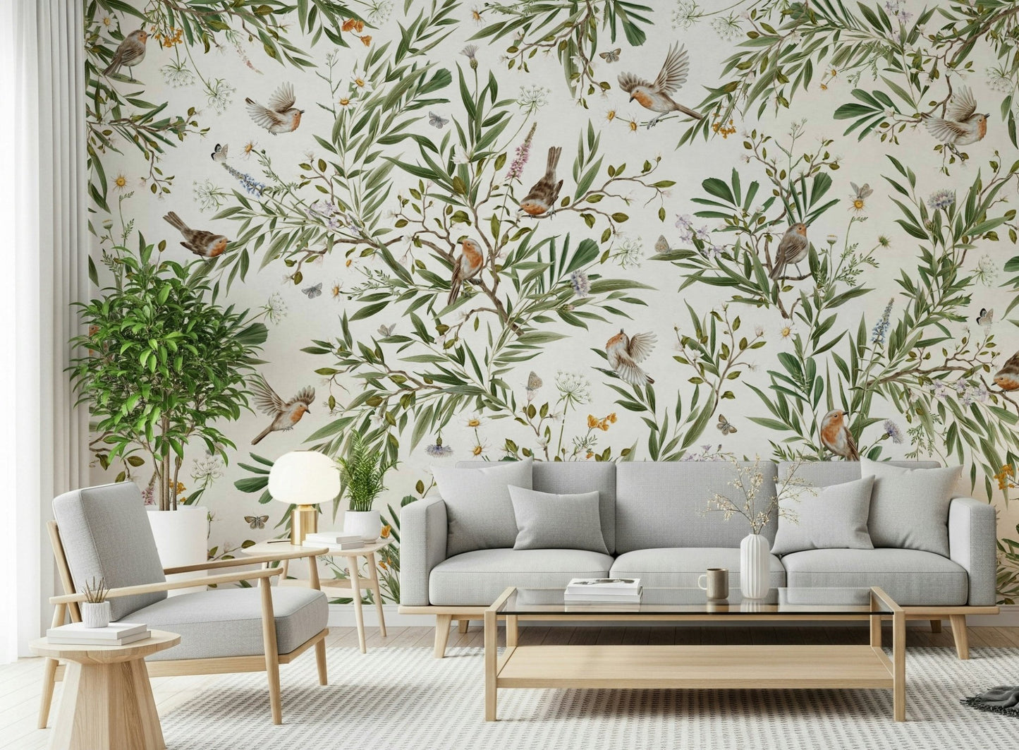 Bedroom wall accent using the grand Botanical Aviary Wall Mural.