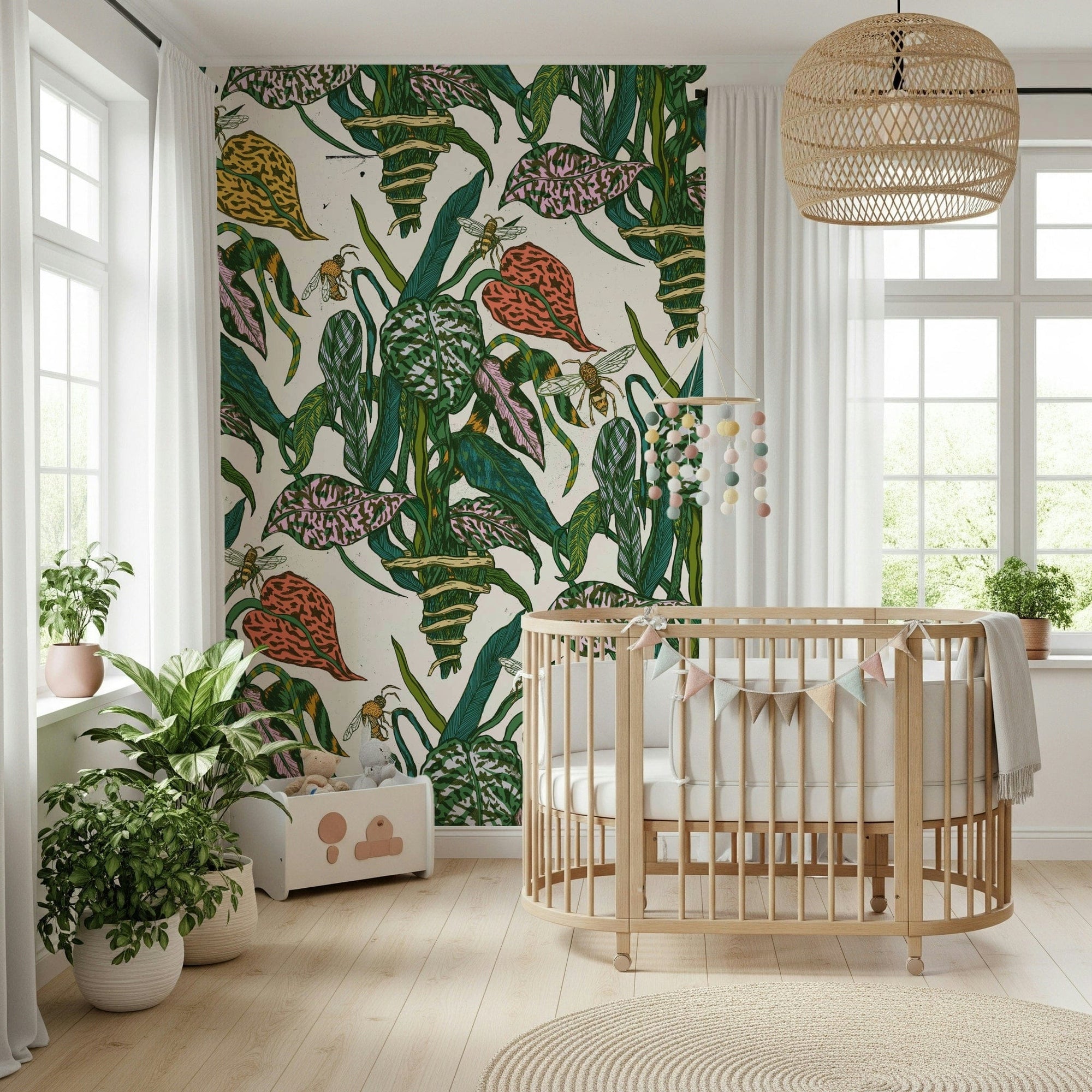 Vibrant Botanical Bees Wall Mural with flying insect designs. GD5427