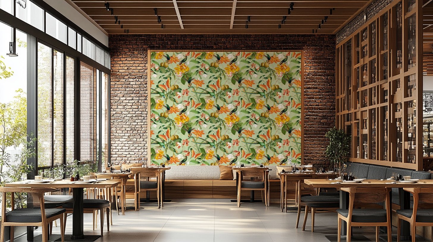 Colorful nature-inspired mural with birds and flowers, GD1370