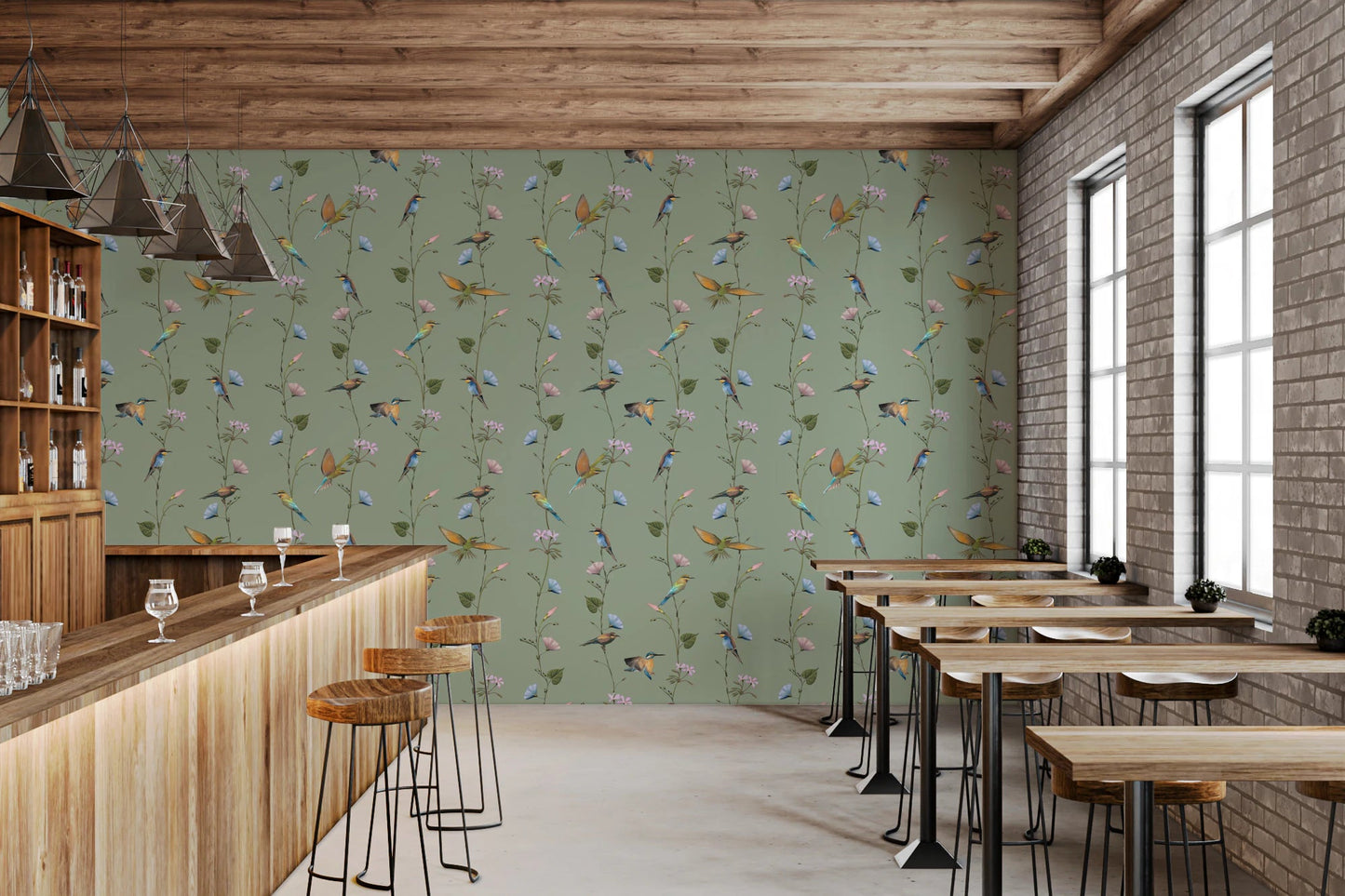 Botanical Birds in Soft Pastels Wallpaper adds gentle movement to this café-style nook