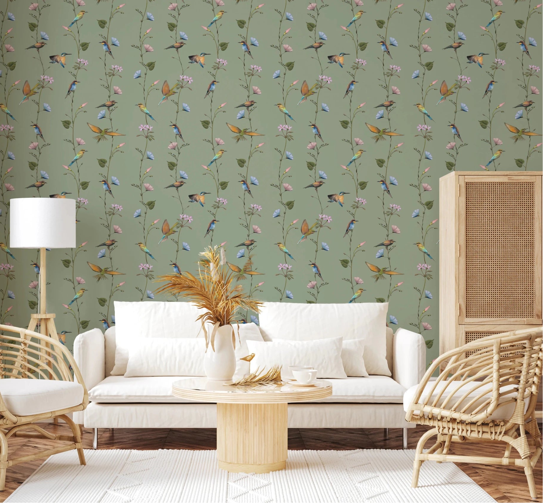 Sunlight lifts the behind this dining setup with Botanical Birds in Soft Pastels Wallpaper, GD8661