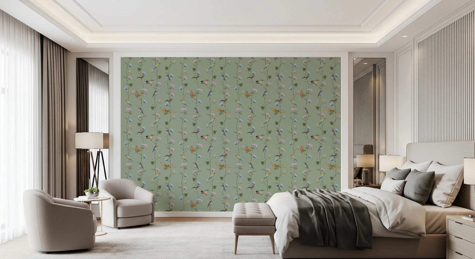 This Bedroom feels lighter with Botanical Birds in Soft Pastels Wallpaper in view