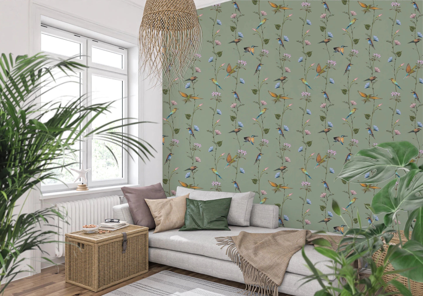 Botanical Birds in Soft Pastels Wallpaper brings a calm touch to this cozy sitting nook