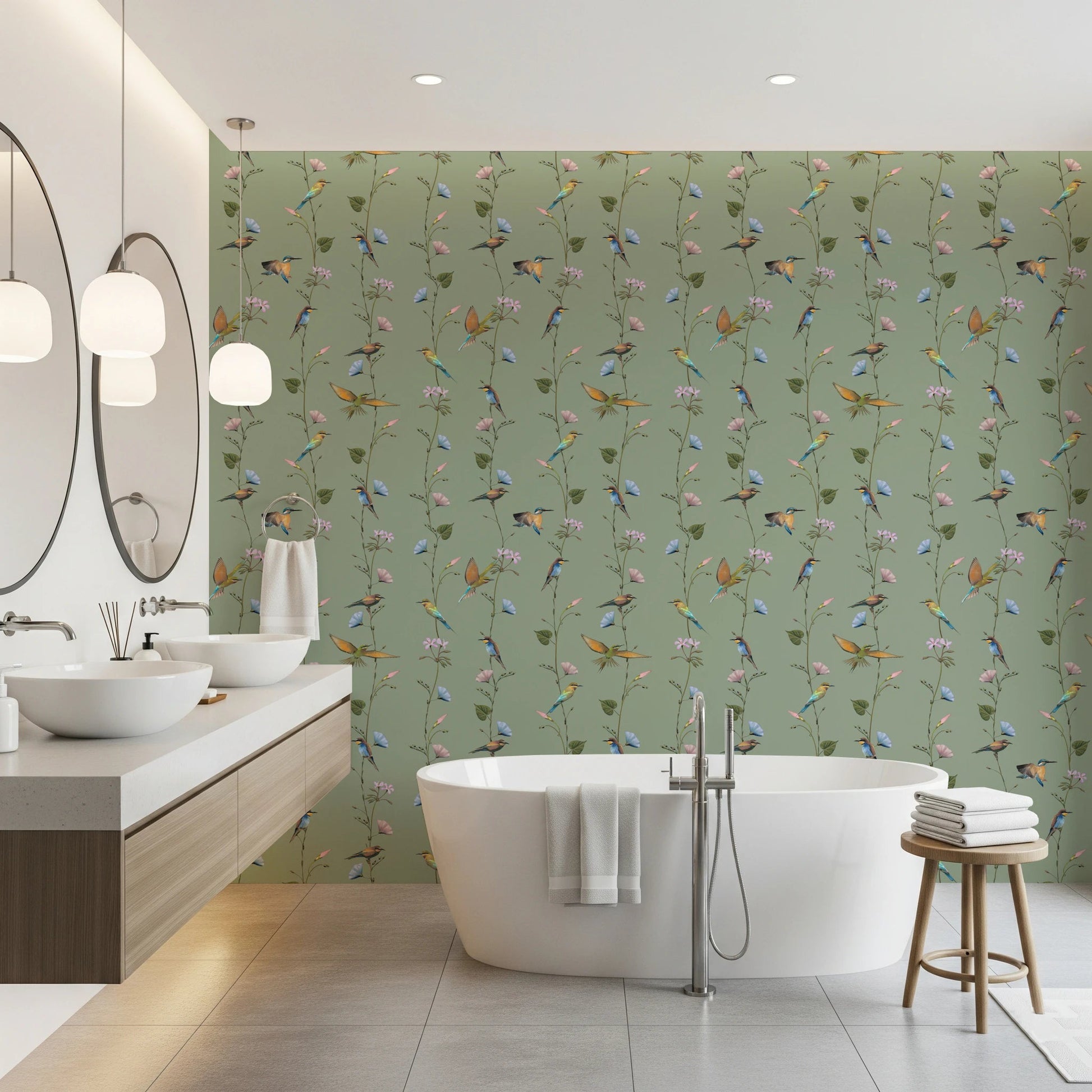 A freestanding tub sits softly against Botanical Birds in Soft Pastels Wallpaper