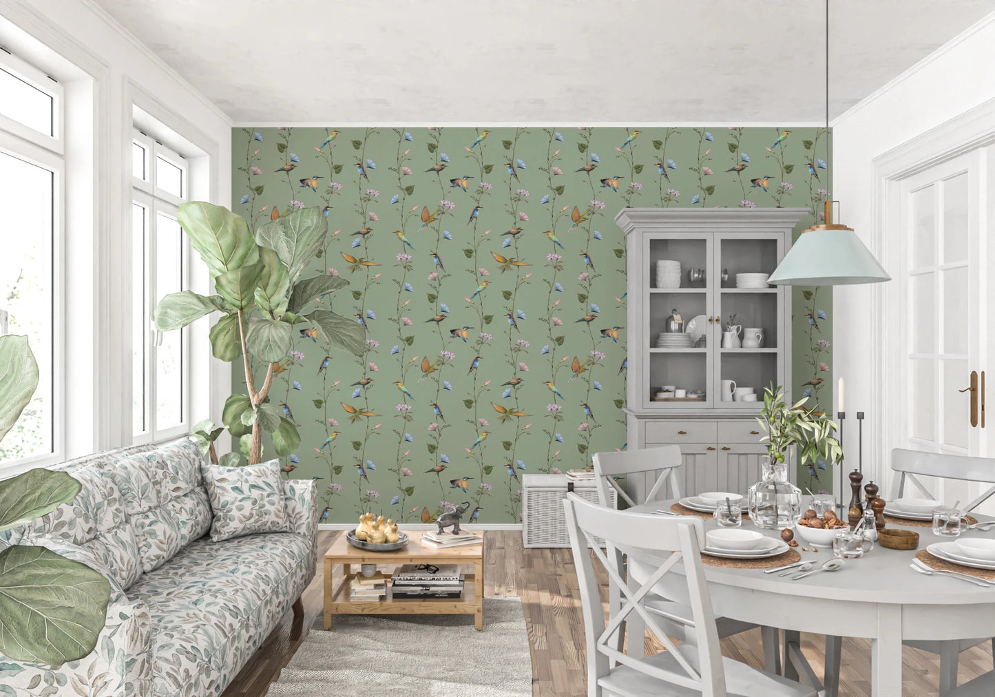 Botanical Birds in Soft Pastels Wallpaper lightens this dining area with soft bird motifs