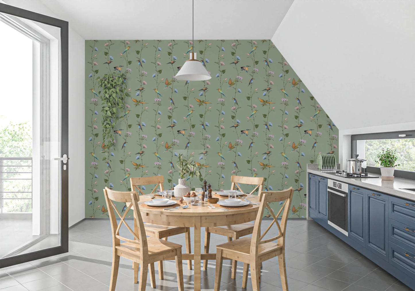 This kitchen corner feels fresher with Botanical Birds in Soft Pastels Wallpaper behind it