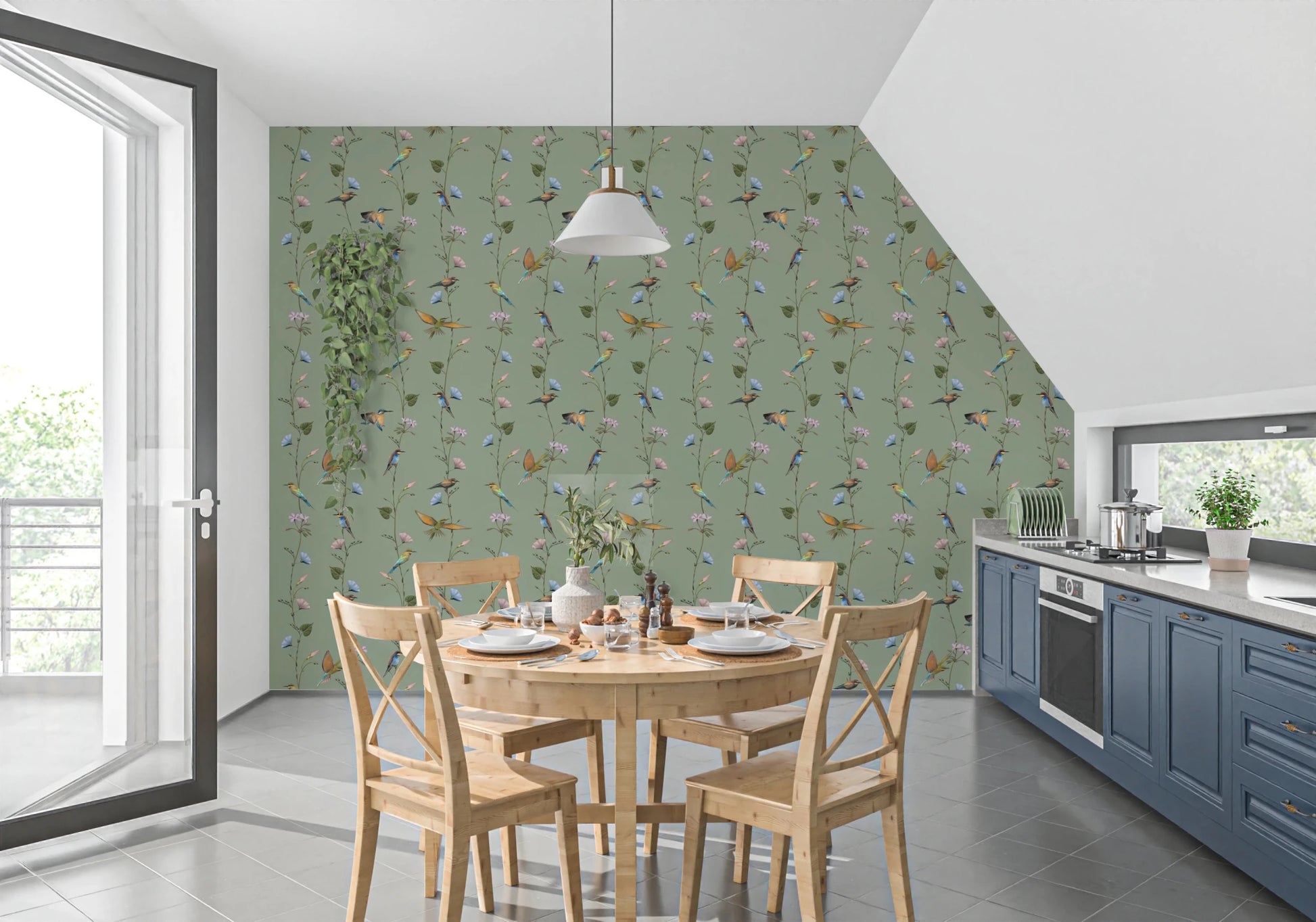 This kitchen corner feels fresher with Botanical Birds in Soft Pastels Wallpaper behind it