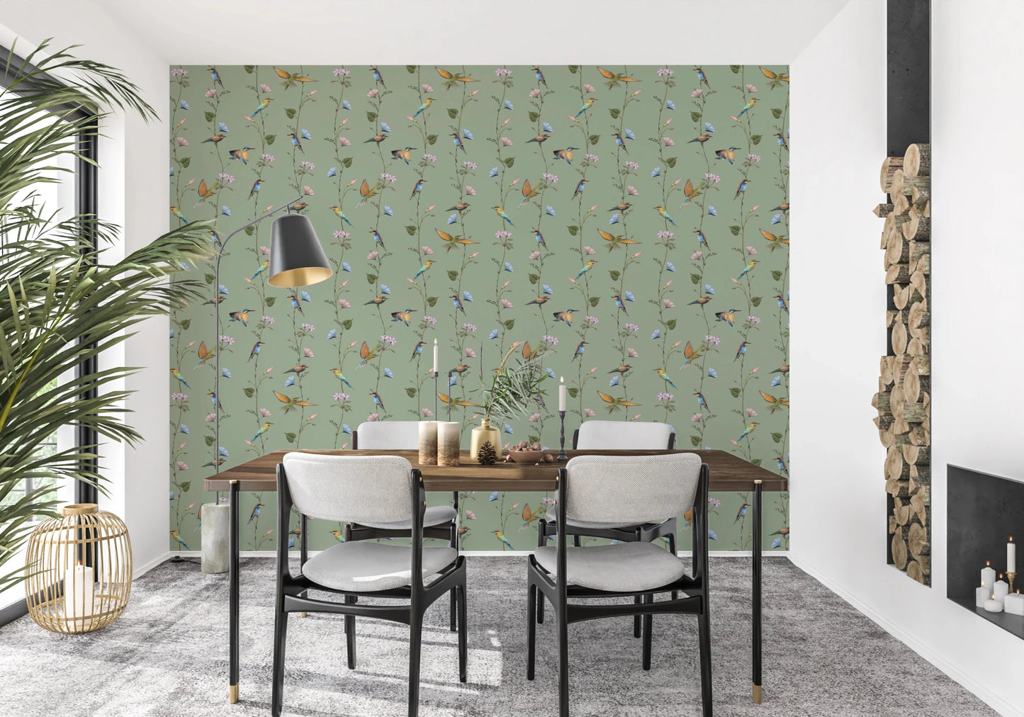 Black dining chairs contrast softly with Botanical Birds in Soft Pastels Wallpaper