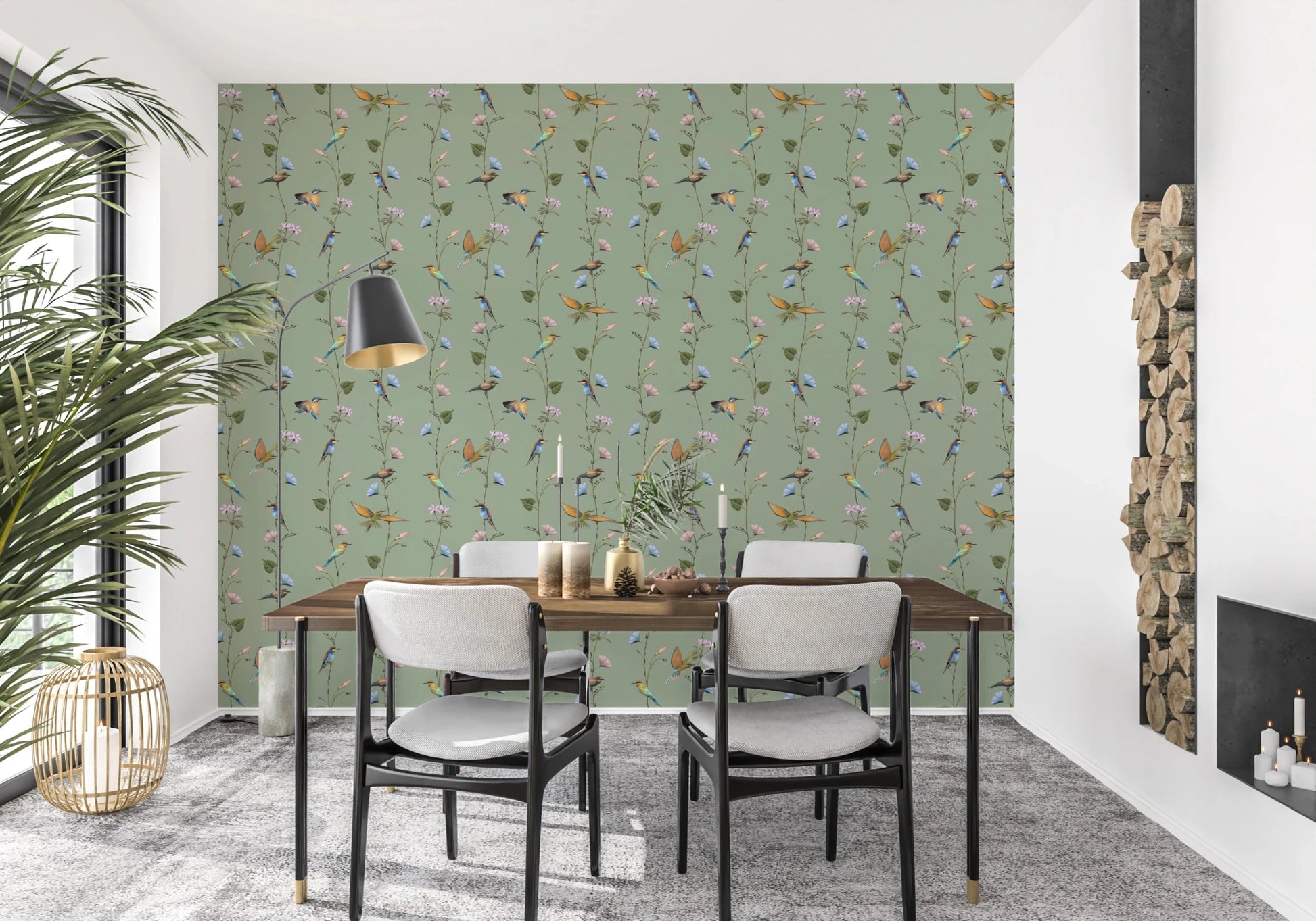 Black dining chairs contrast softly with Botanical Birds in Soft Pastels Wallpaper