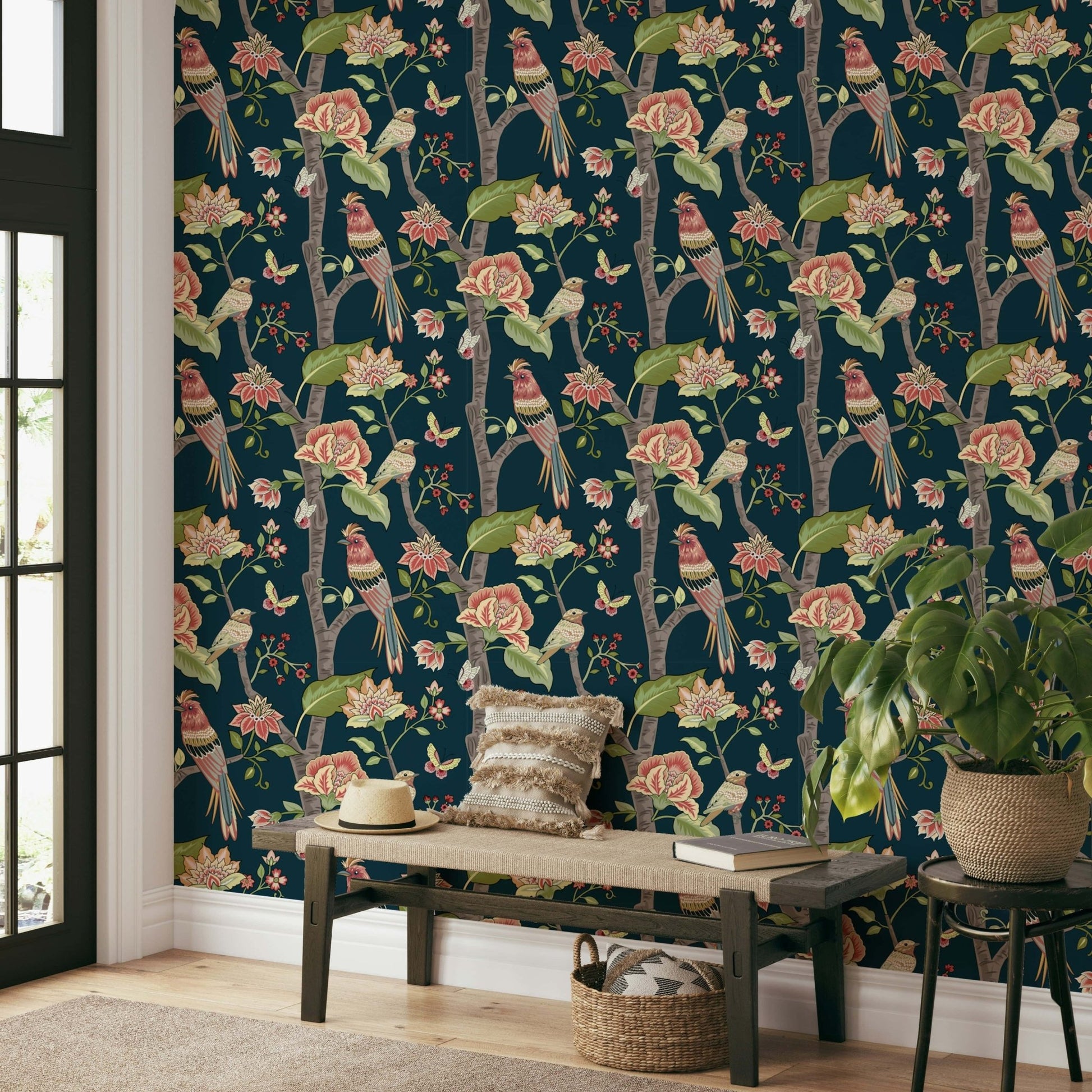 Botanical Birds ornamented décor wall covering with grand details.
