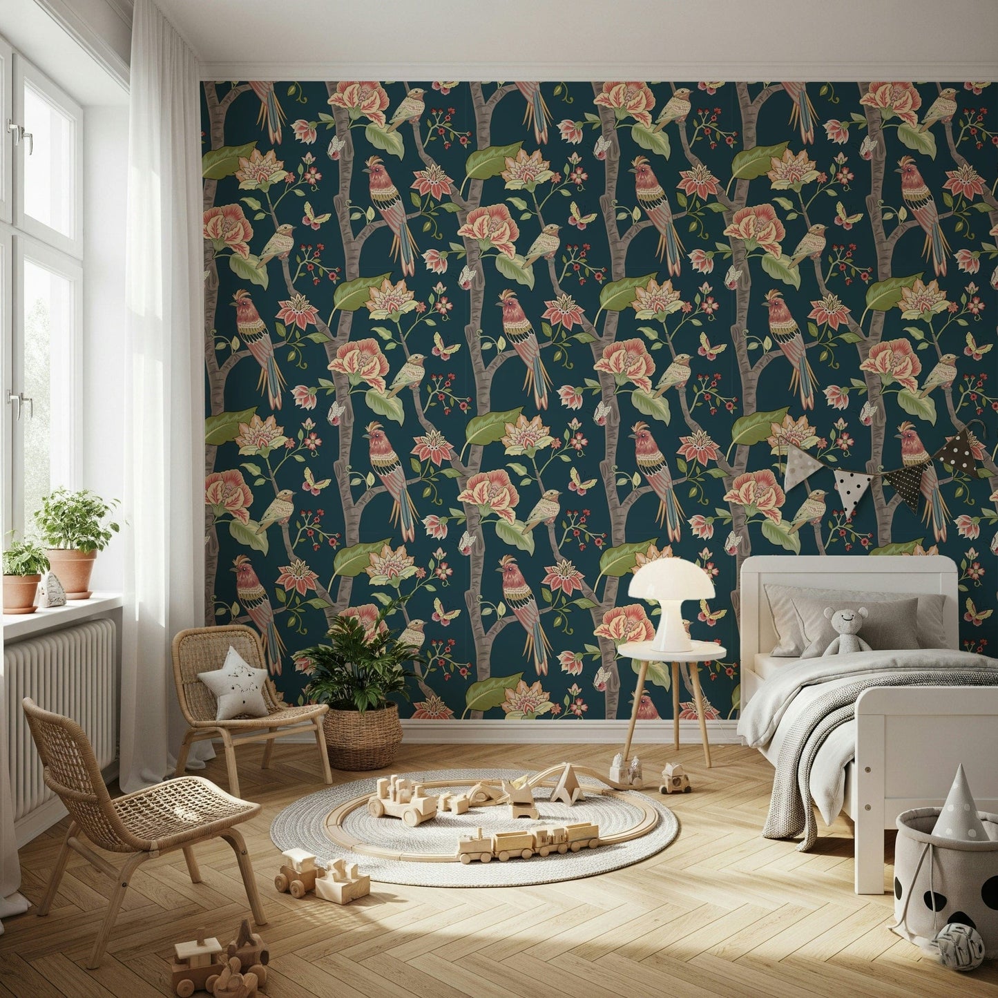 Opulent flower surreal pattern, Botanical Birds wall covering.