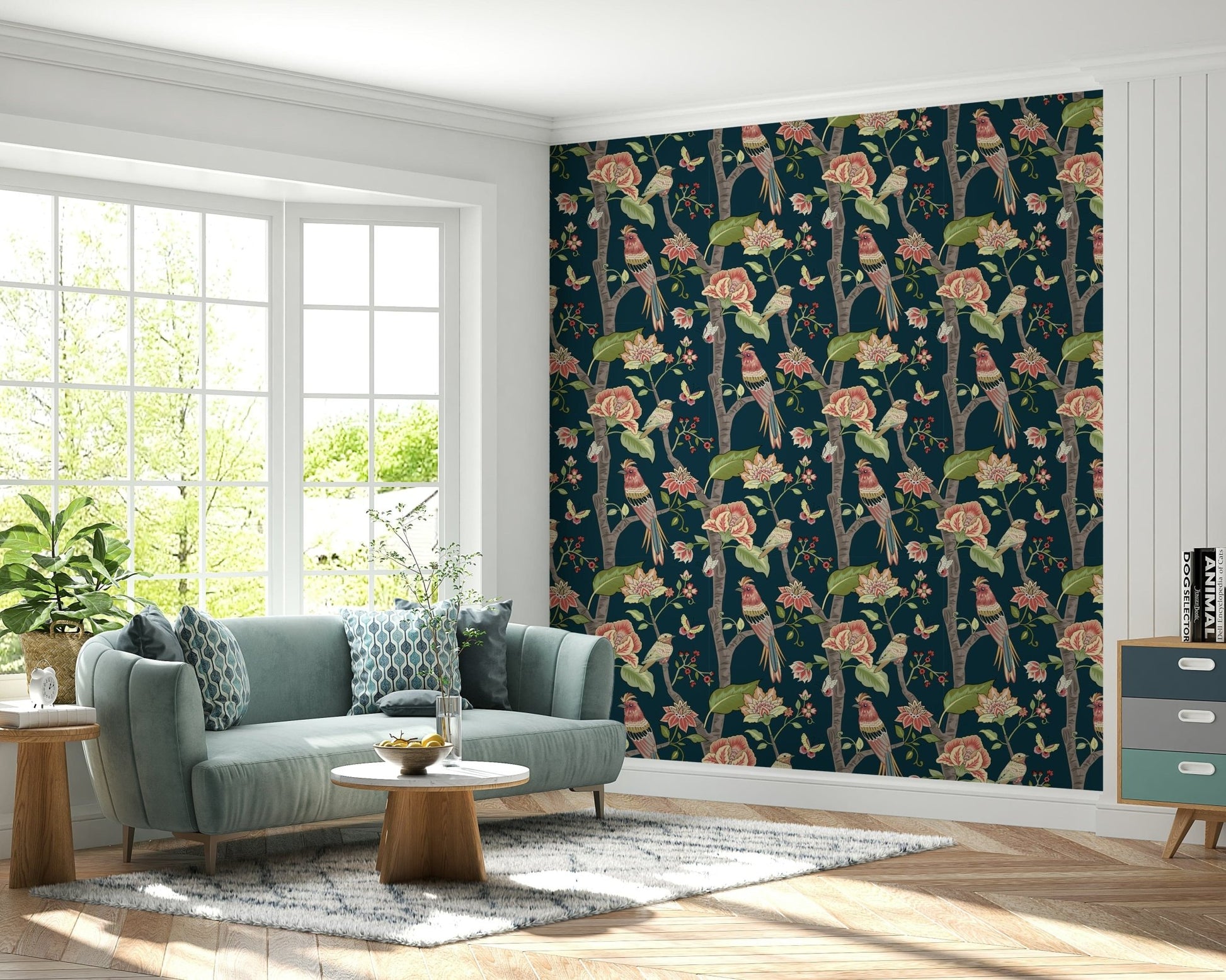 Dapper bird-of-paradise peculiar design, Botanical Birds wallcovering.