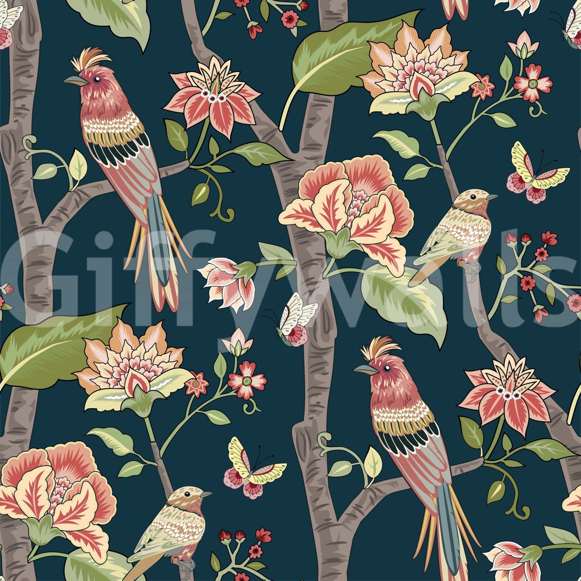 Exotic birds' zany wallcovering, Botanical Birds peel and stick.