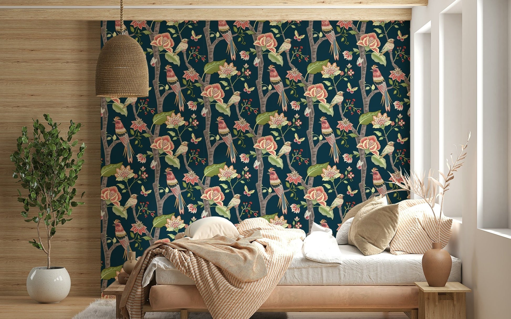 Whimsical avian uncommon pattern, Botanical Birds wallpaper for walls.