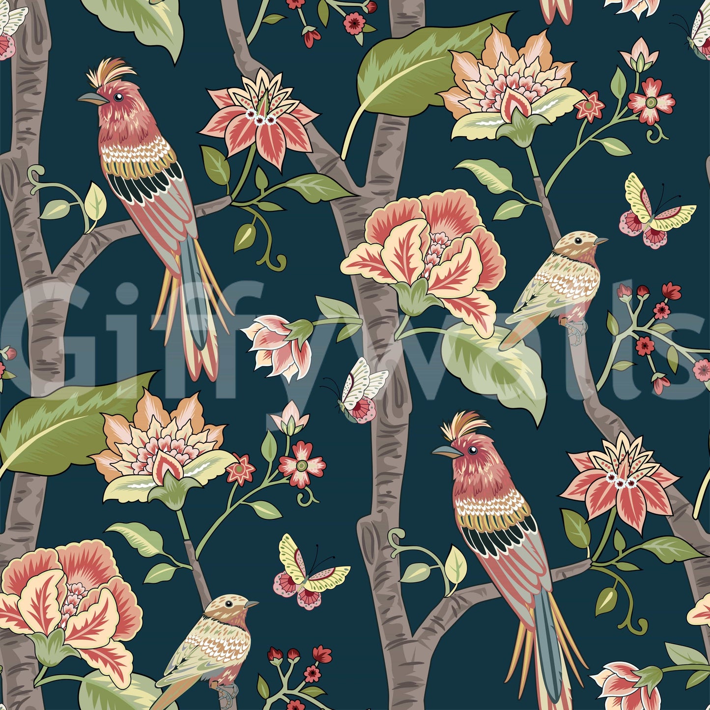 Exotic birds' zany wallcovering, Botanical Birds peel and stick.