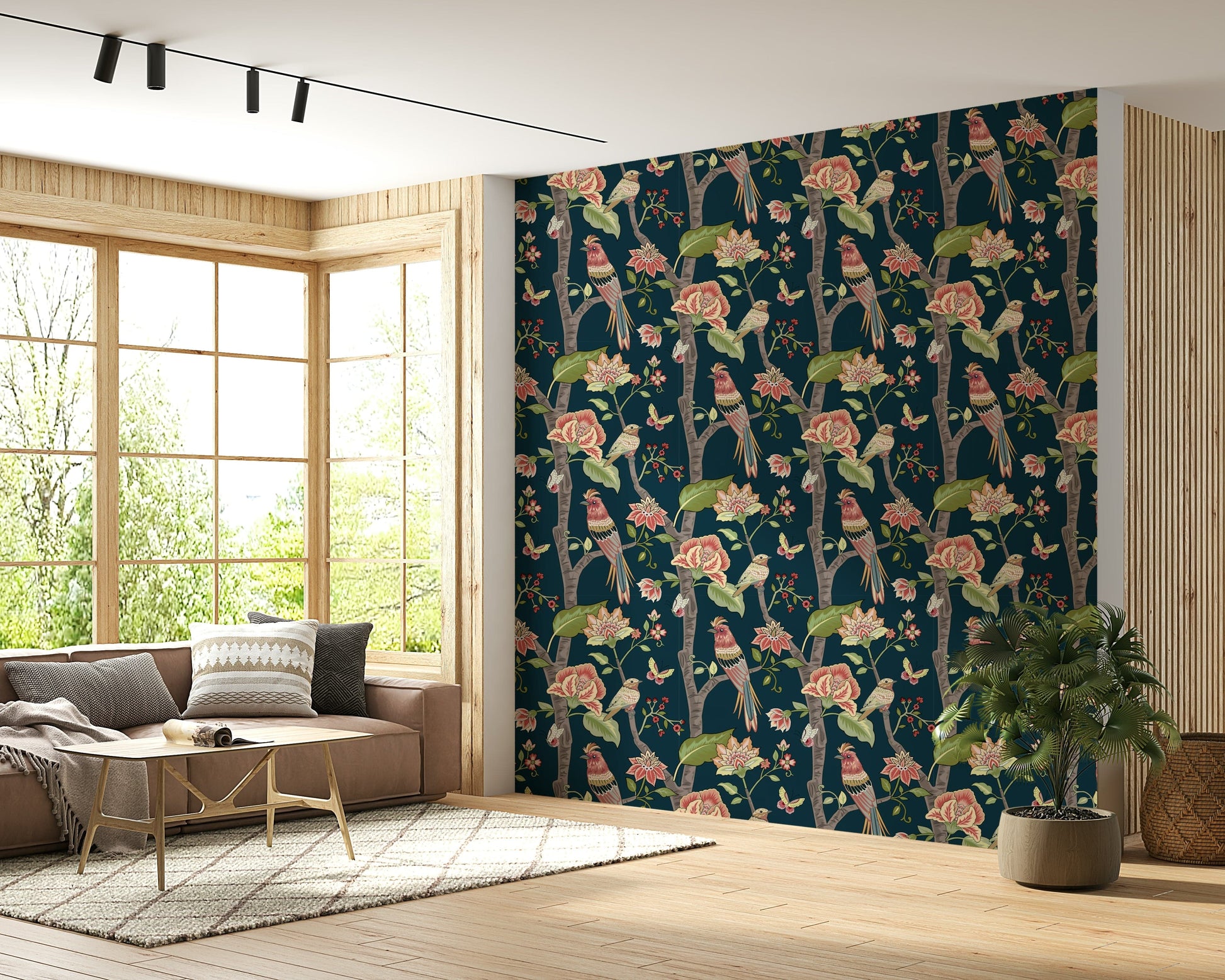 Striking bird grotesque pattern, Botanical Birds vinyl wall mural.