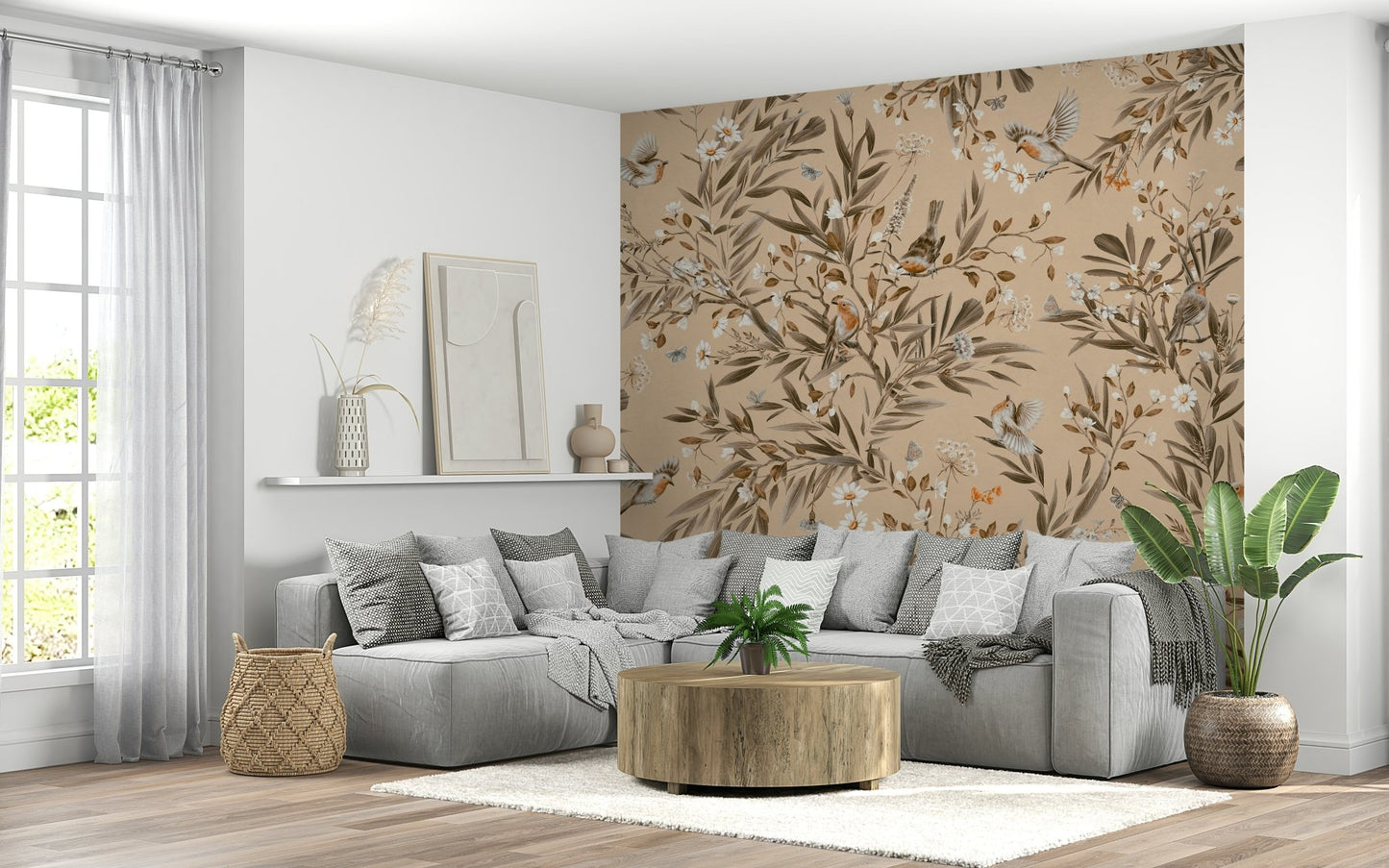 Botanical Birdsong Wall Mural creating a quiet, atmospheric feature wall.