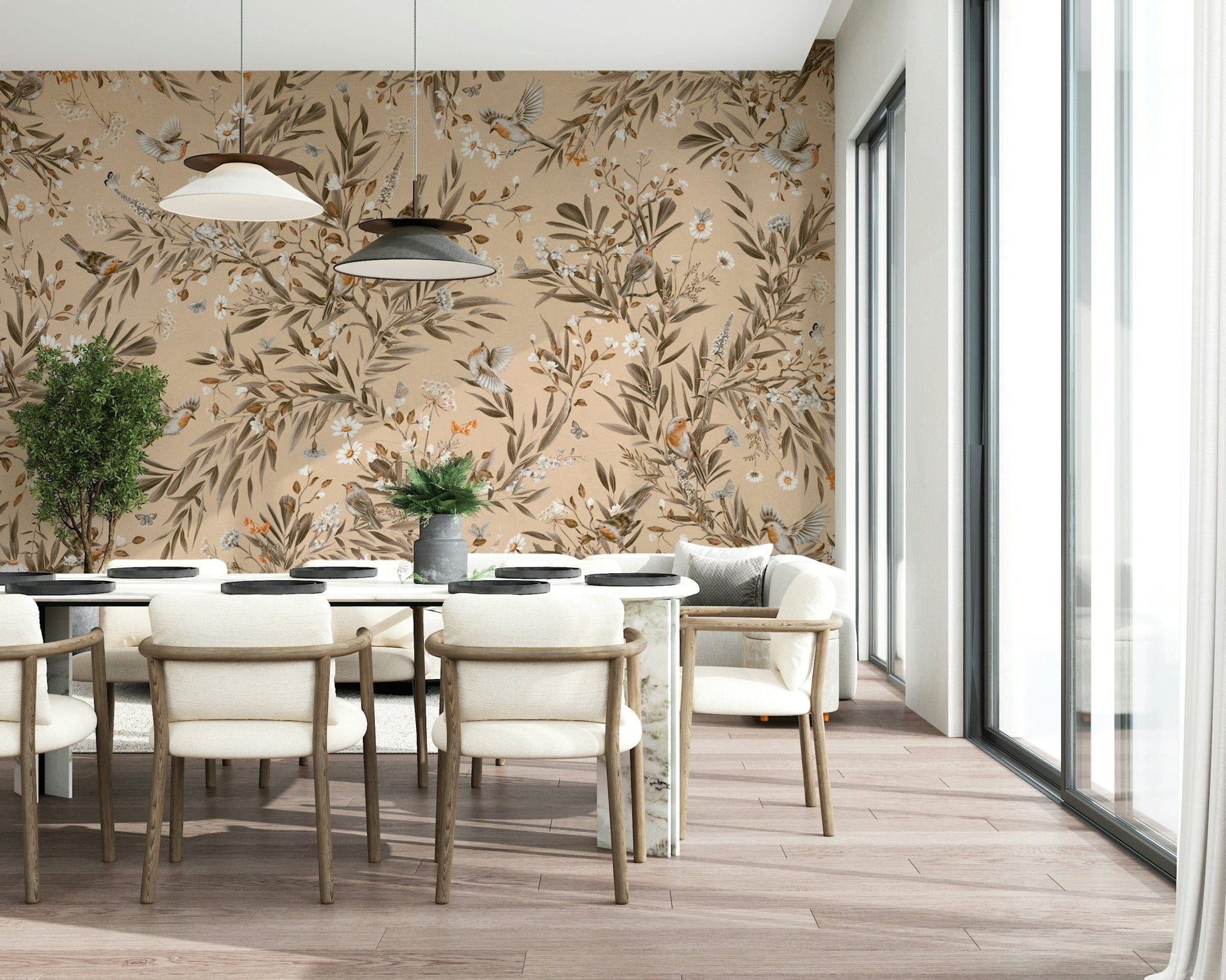 Subtle watercolor effect in the beautiful Botanical Birdsong Wall Mural design.