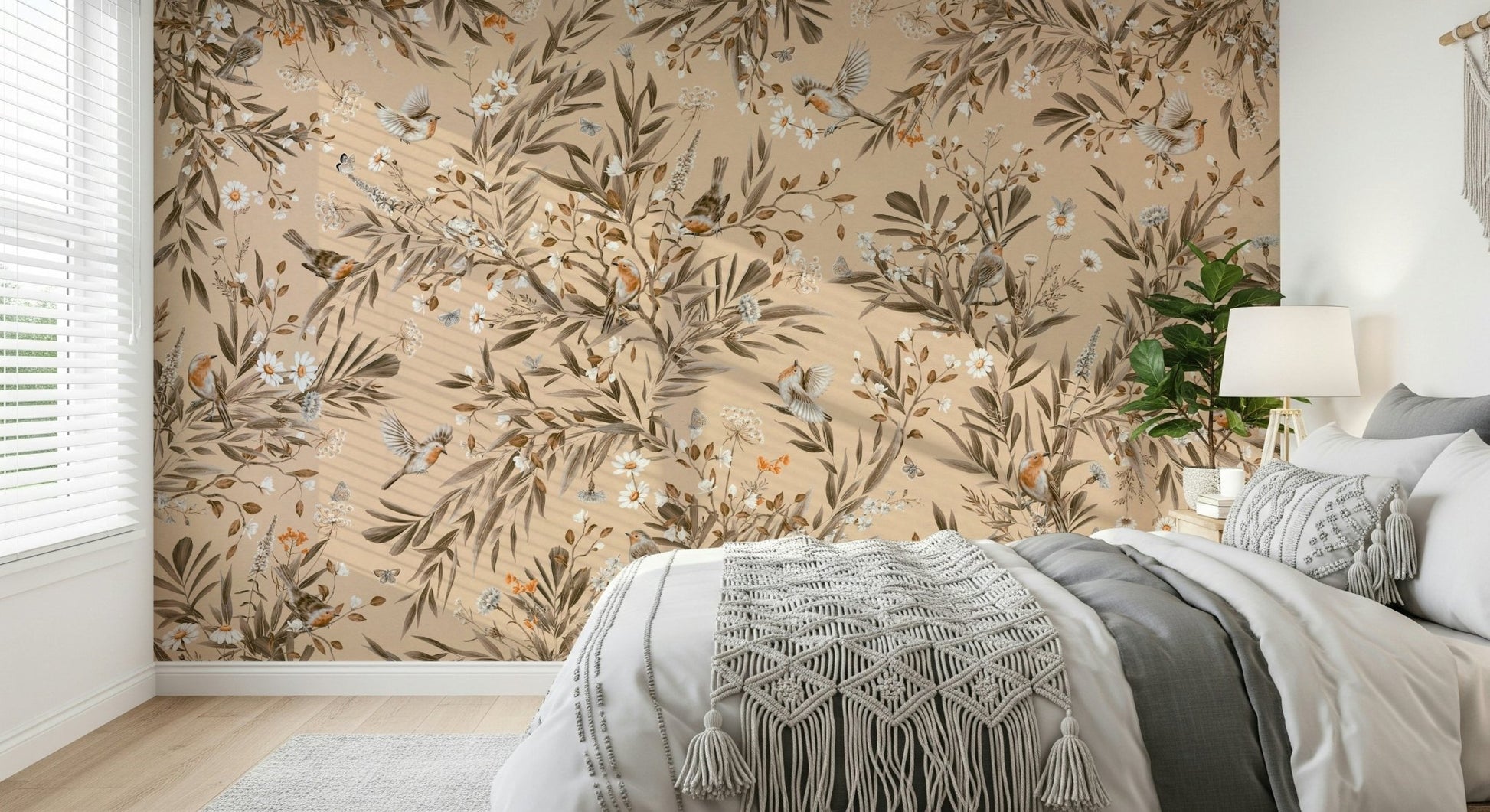 Nature inspired wallpaper for walls using the Botanical Birdsong Wall Mural.