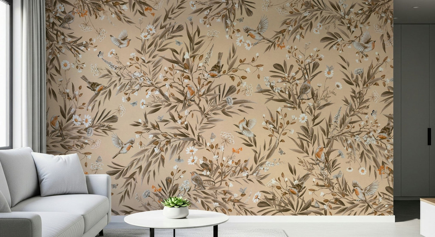 Charming bird motif on the appealing Botanical Birdsong Wall Mural print.