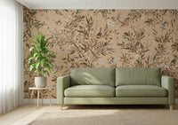 Detailed songbird and foliage print on the Botanical Birdsong Wall Mural.