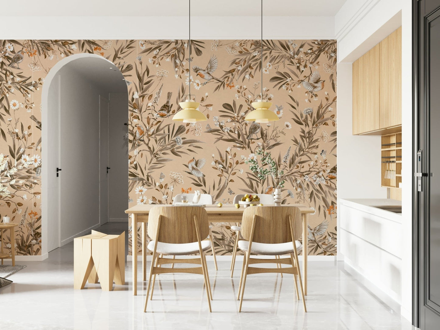 Botanical Birdsong Wall Mural in a bright, tranquil reading room.
