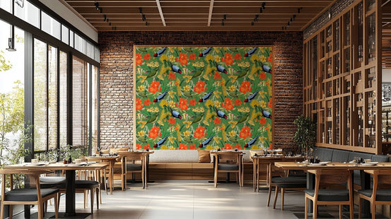 Botanical wallpaper with colorful birds and foliage, GD1384