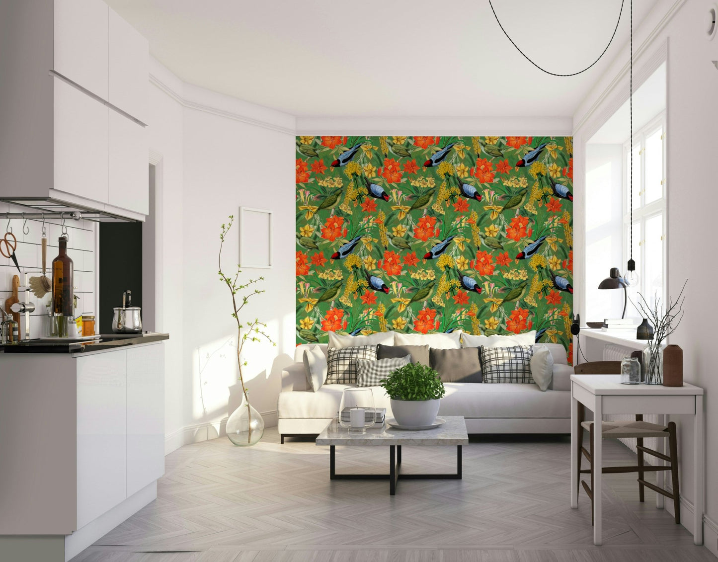 Lively green leaves and birds in Botanic Birdsong print
