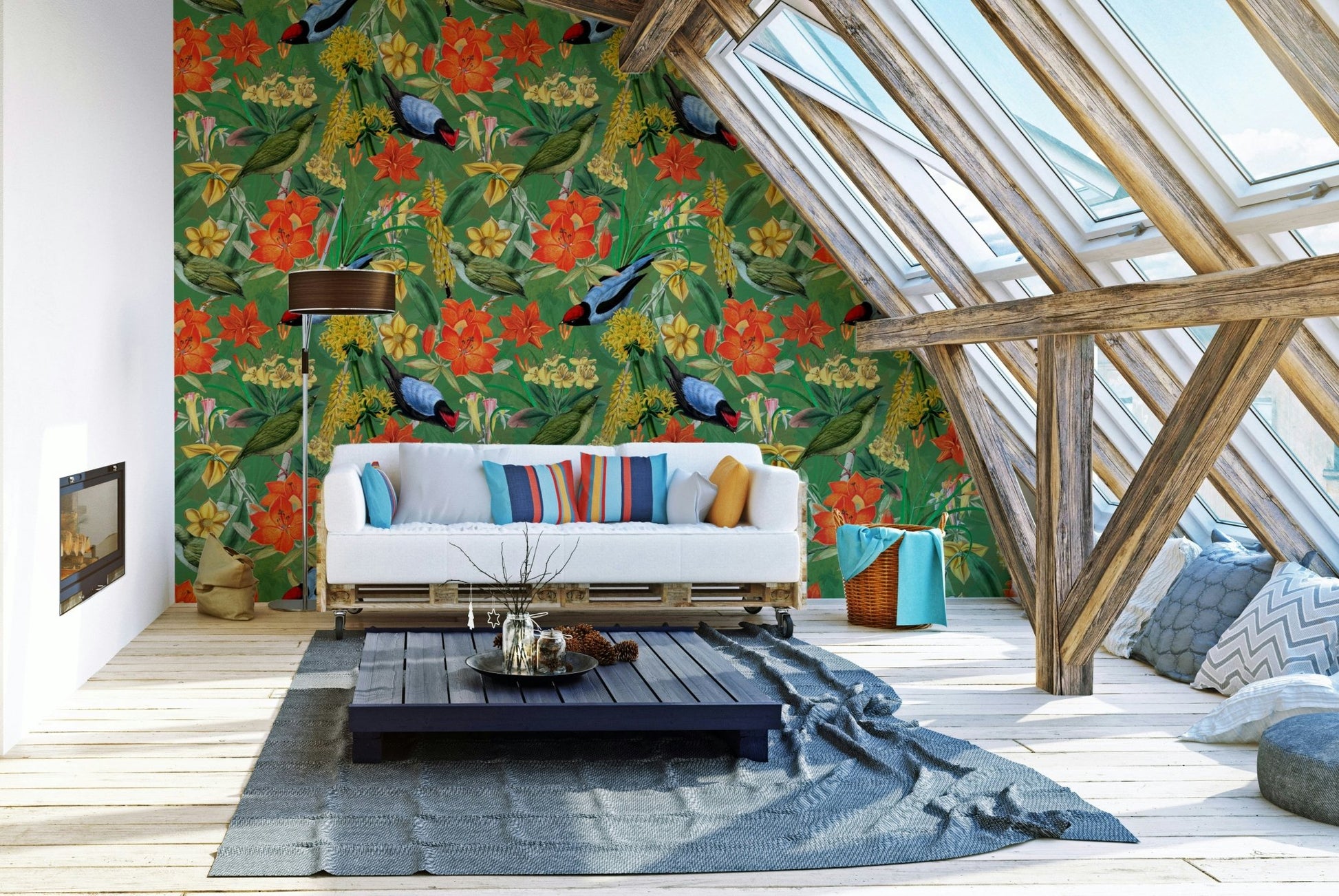 Tropical-themed wallpaper featuring birds and plants