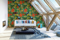 Tropical-themed wallpaper featuring birds and plants
