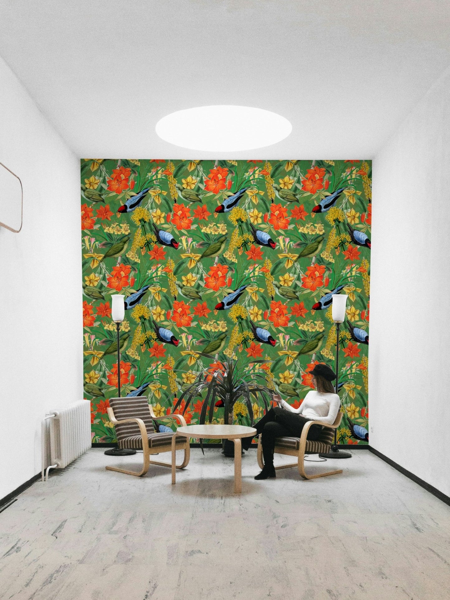 Vibrant greenery and birds in Botanical Birdsong design.