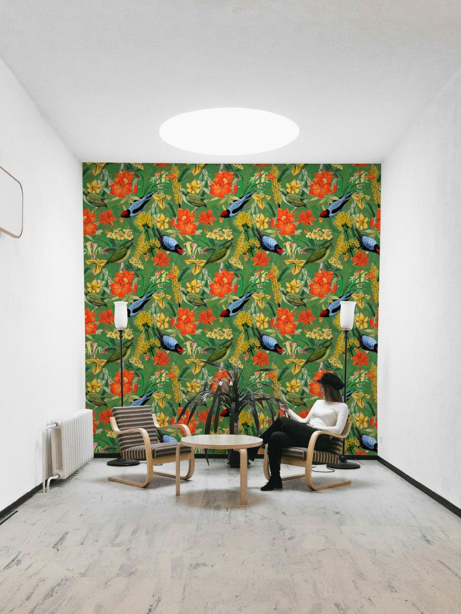 Vibrant greenery and birds in Botanical Birdsong design.