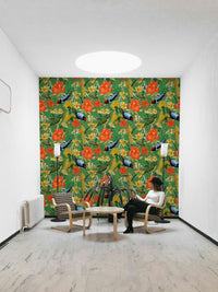Vibrant greenery and birds in Botanical Birdsong design.