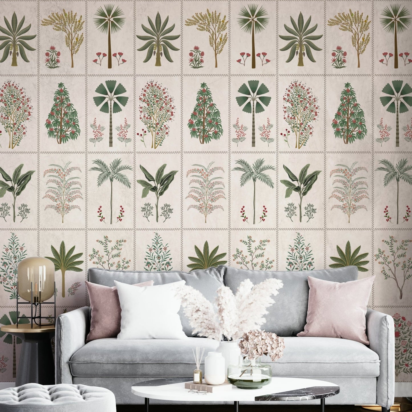 A full-wall mural of a botanical pattern.
