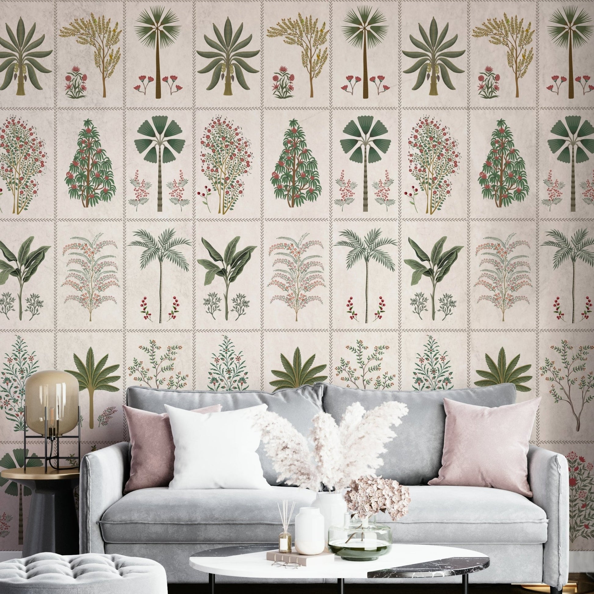 A full-wall mural of a botanical pattern.
