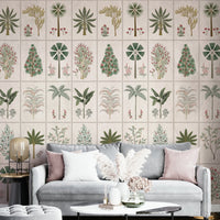 A full-wall mural of a botanical pattern.
