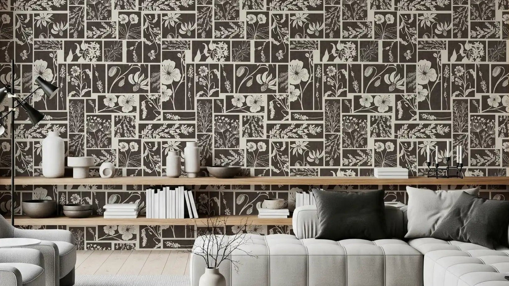 A dark base highlights Botanical Block Print Wallpaper beautifully, GD9040