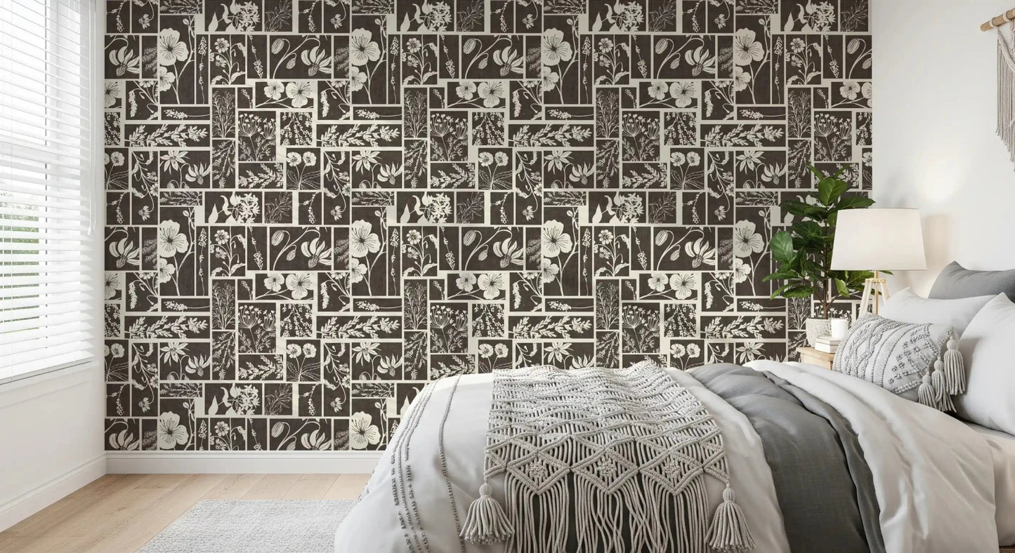 This Botanical Block Print Wallpaper blends florals with neat block styling, GD9040