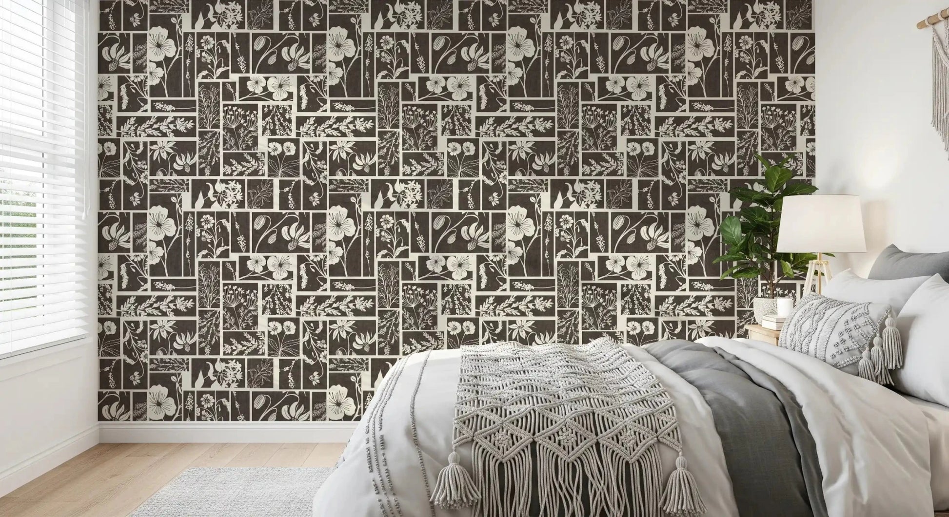 This Botanical Block Print Wallpaper blends florals with neat block styling, GD9040