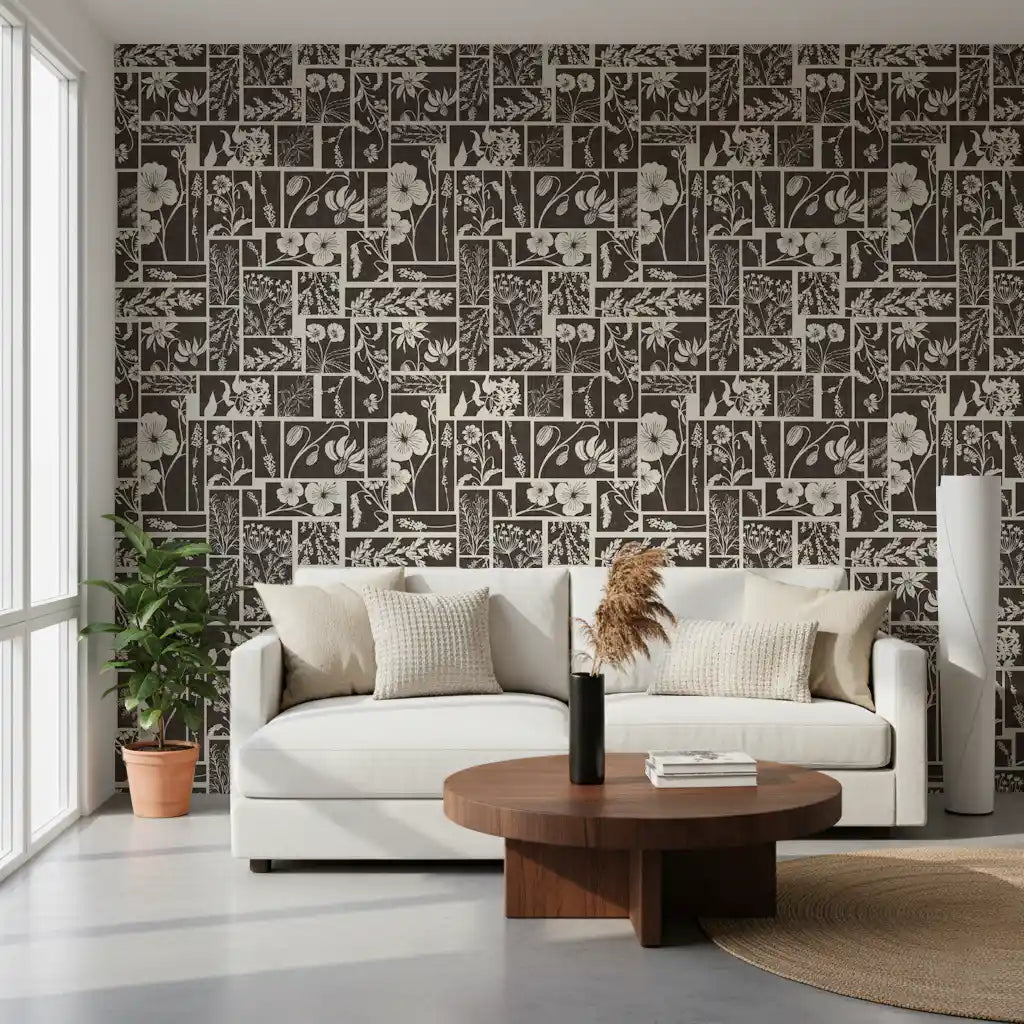 Hand-drawn stems and blooms fill Botanical Block Print Wallpaper, GD9040