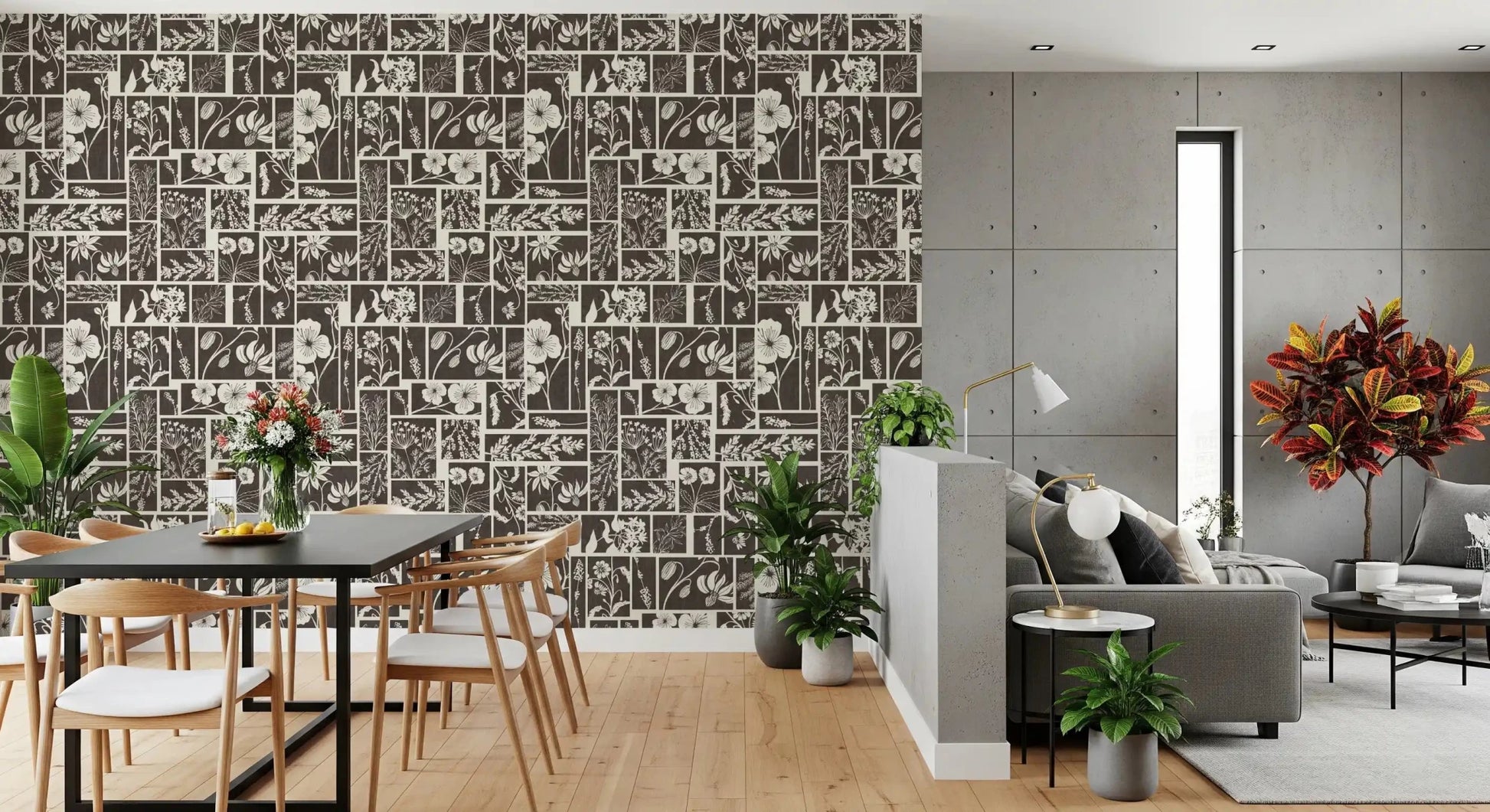 Graphic floral panels give Botanical Block Print Wallpaper structure, GD9040