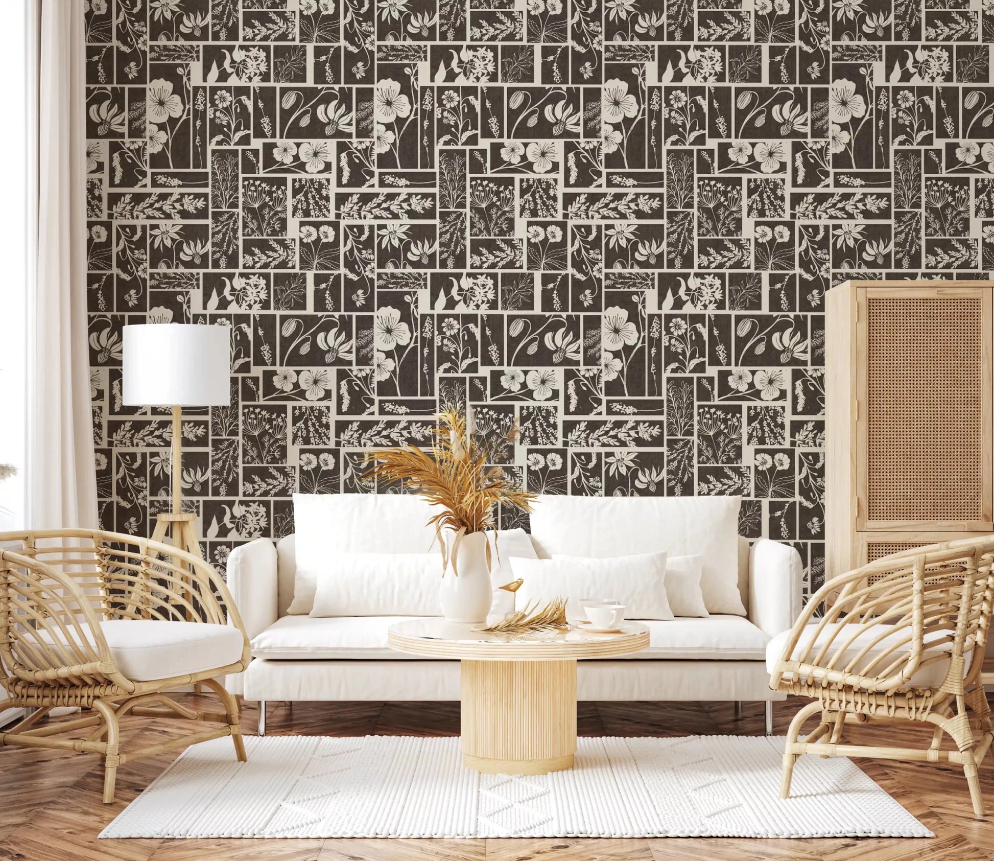 Hallway styled in Botanical Block Print Wallpaper with cream botanicals, GD9040