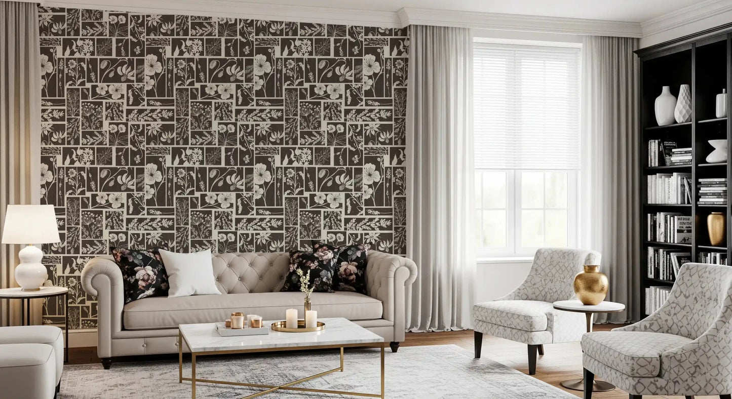 Cream floral sketches define this Botanical Block Print Wallpaper, GD9040
