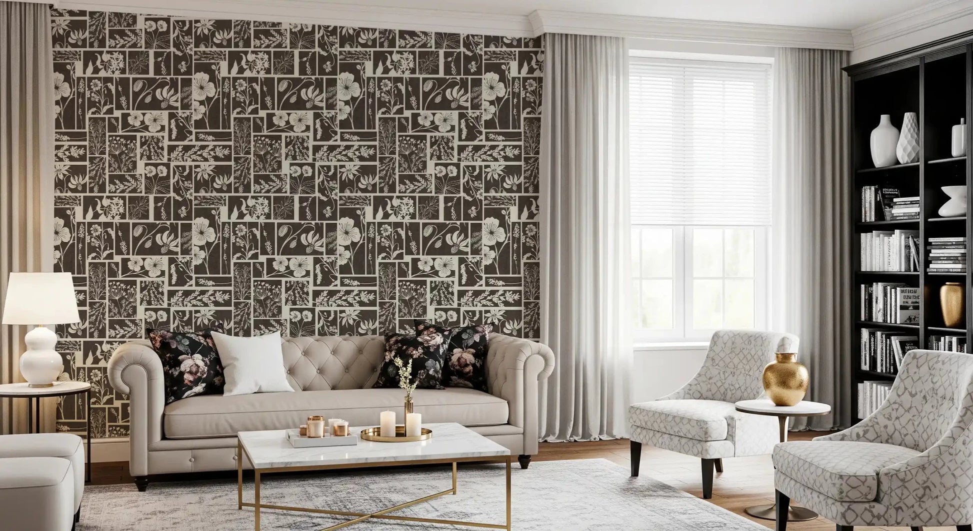 Cream floral sketches define this Botanical Block Print Wallpaper, GD9040