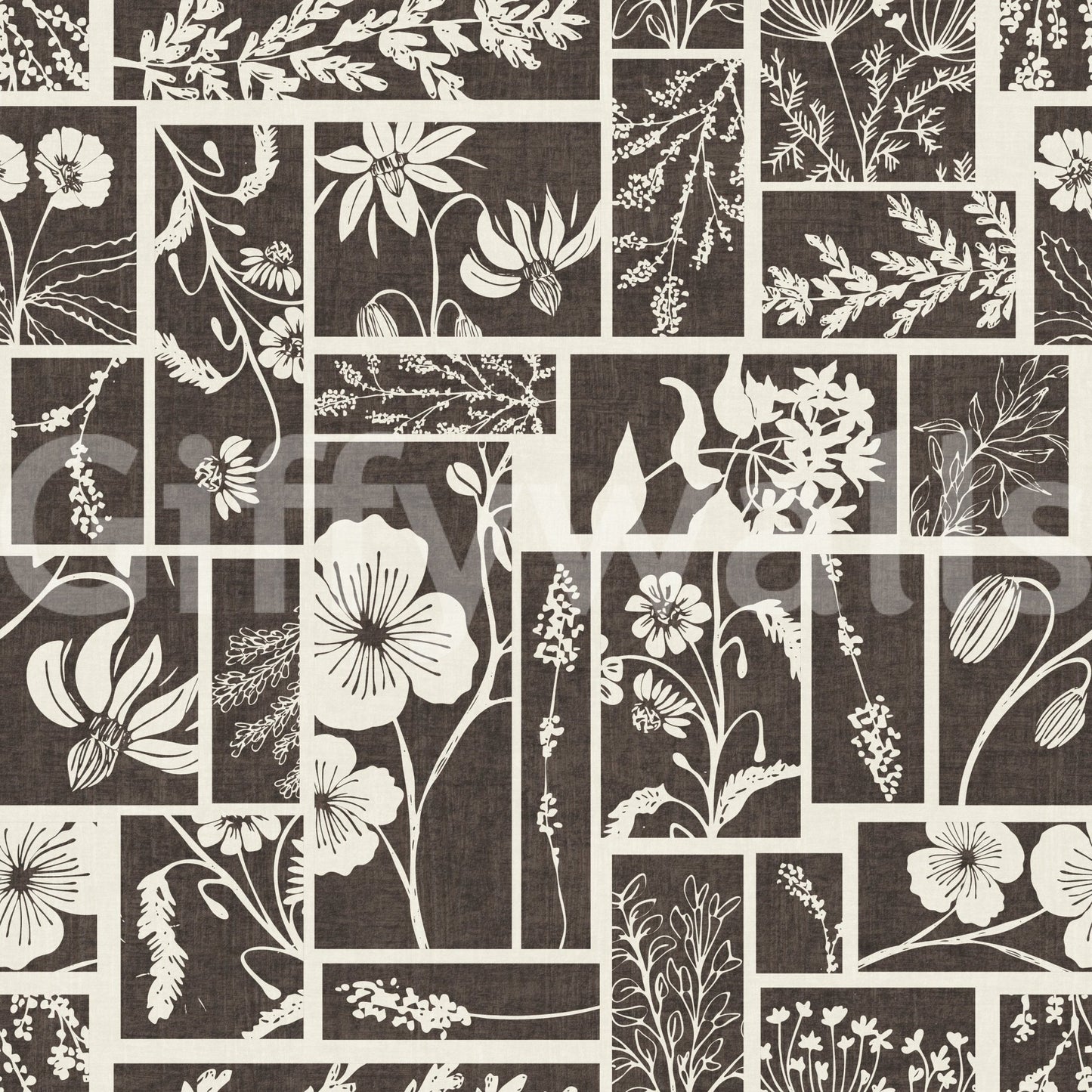 Classic cream-on-dark detailing marks Botanical Block Print Wallpaper, GD9040