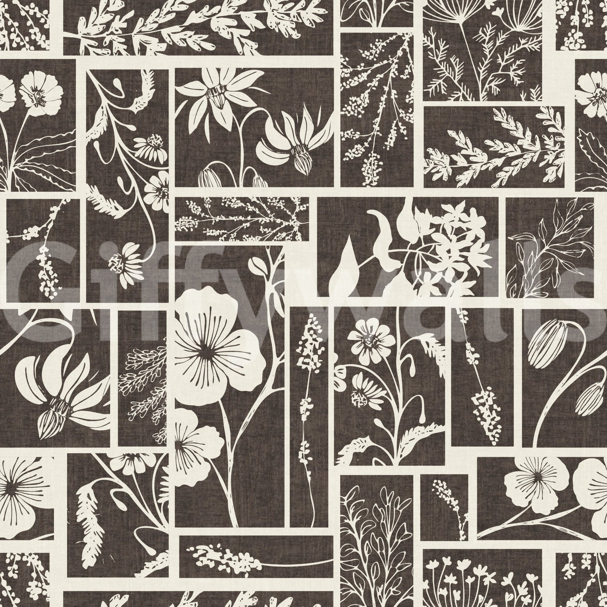 Classic cream-on-dark detailing marks Botanical Block Print Wallpaper, GD9040