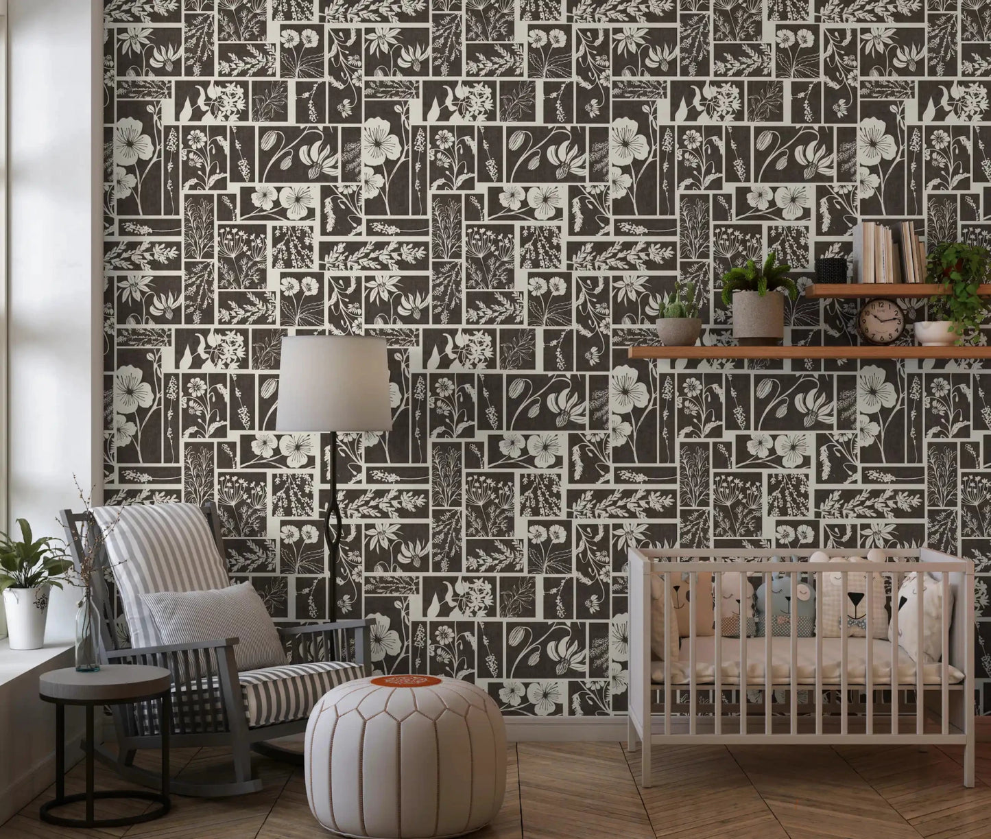 Kids room with Botanical Block Print Wallpaper and dark neutral tones, GD9040